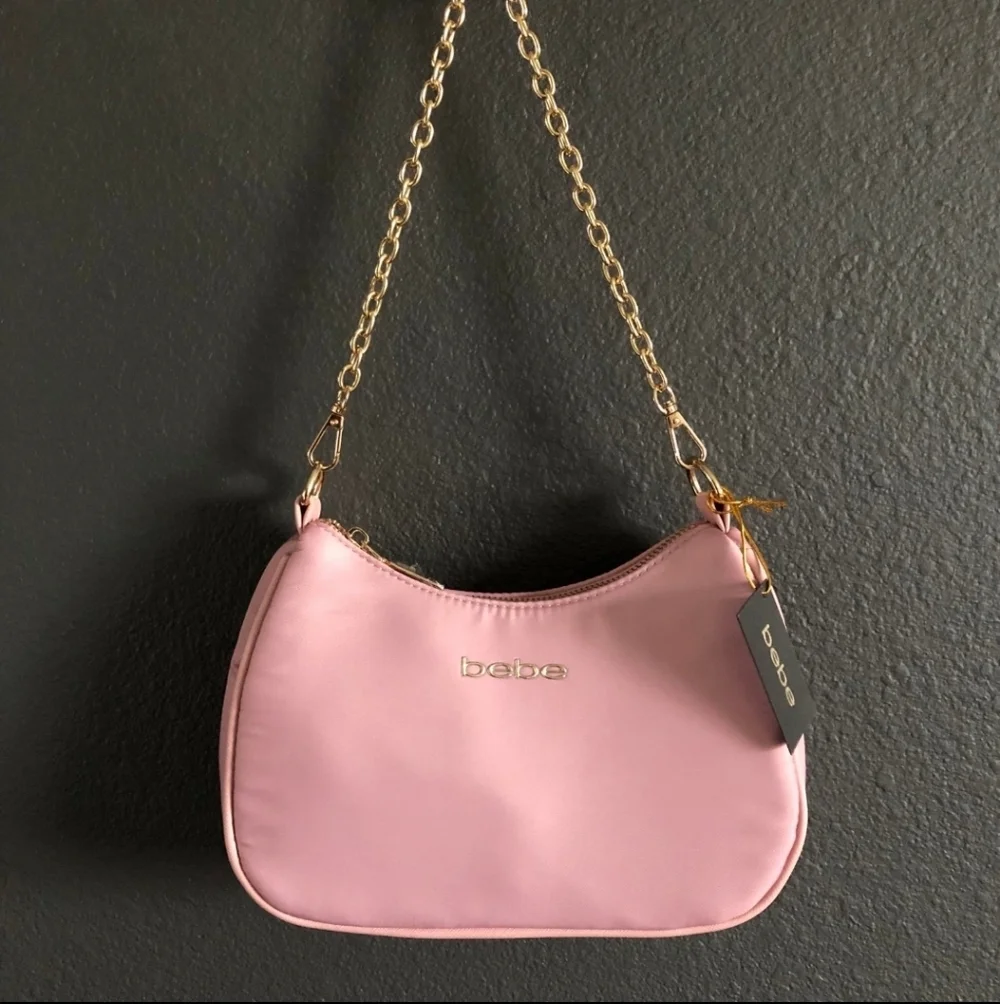 bebe Dusty Pink Satin Shoulder Bag with Gold Chain and Coin Pouch Nwt